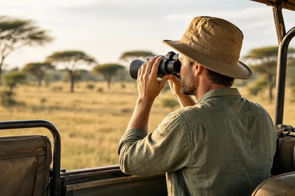 Safari traveller scanning the plains with binoculars